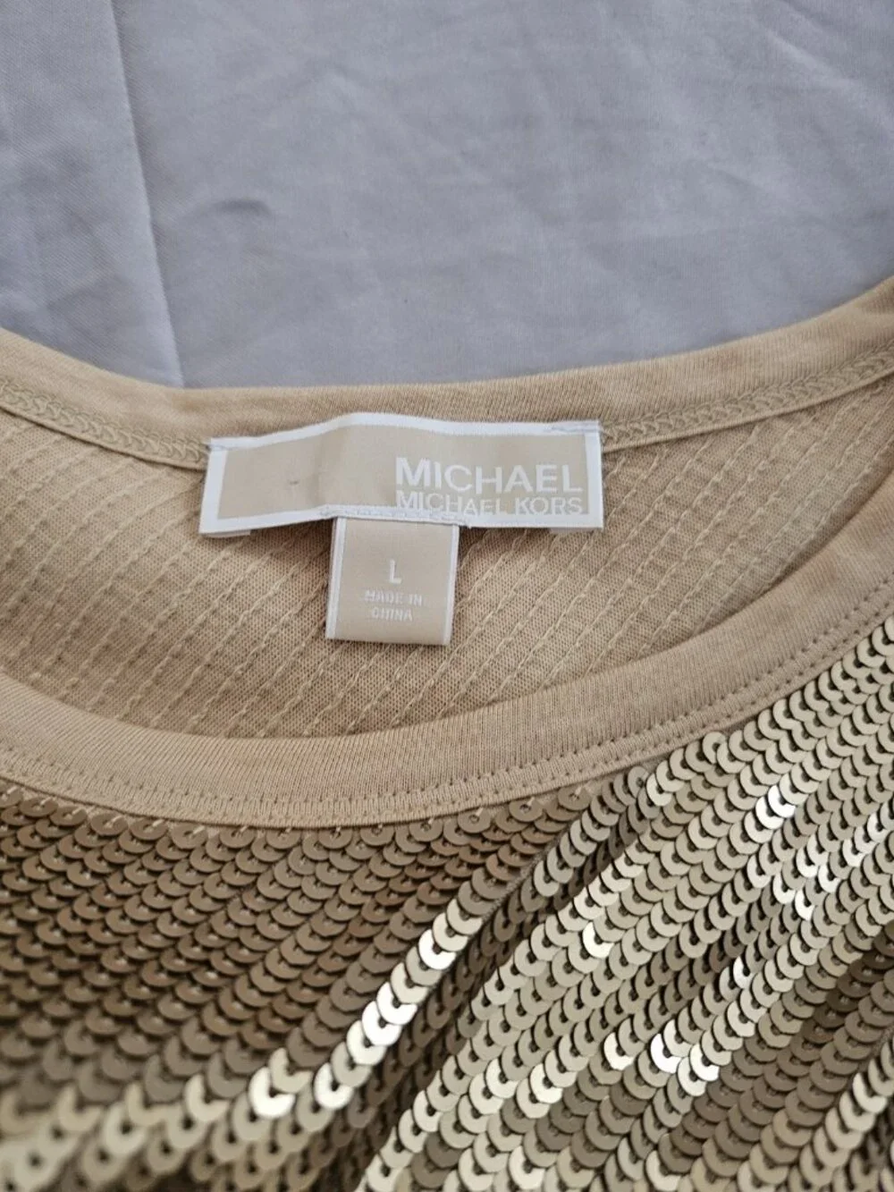 MICHAEL MICHAEL KORS Women's Crew Sequin T-Shirt, Golden, Large, Top Blouse